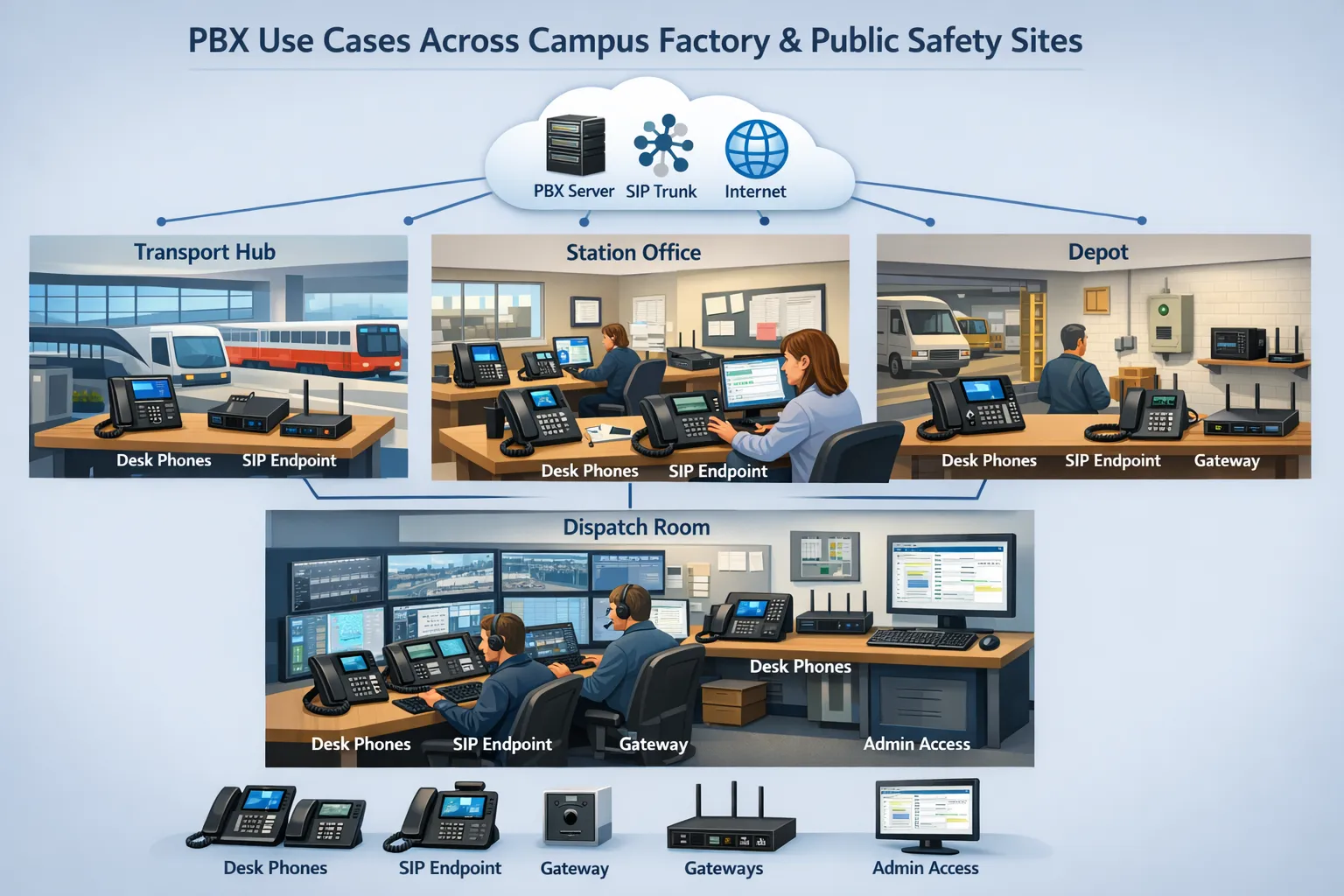 PBX Use Cases Across Campus Factory and Public Safety Sites deployment scene covering transport hub, station office, depot, dispatch room with desk phones, SIP endpoints, gateways, and administrative access