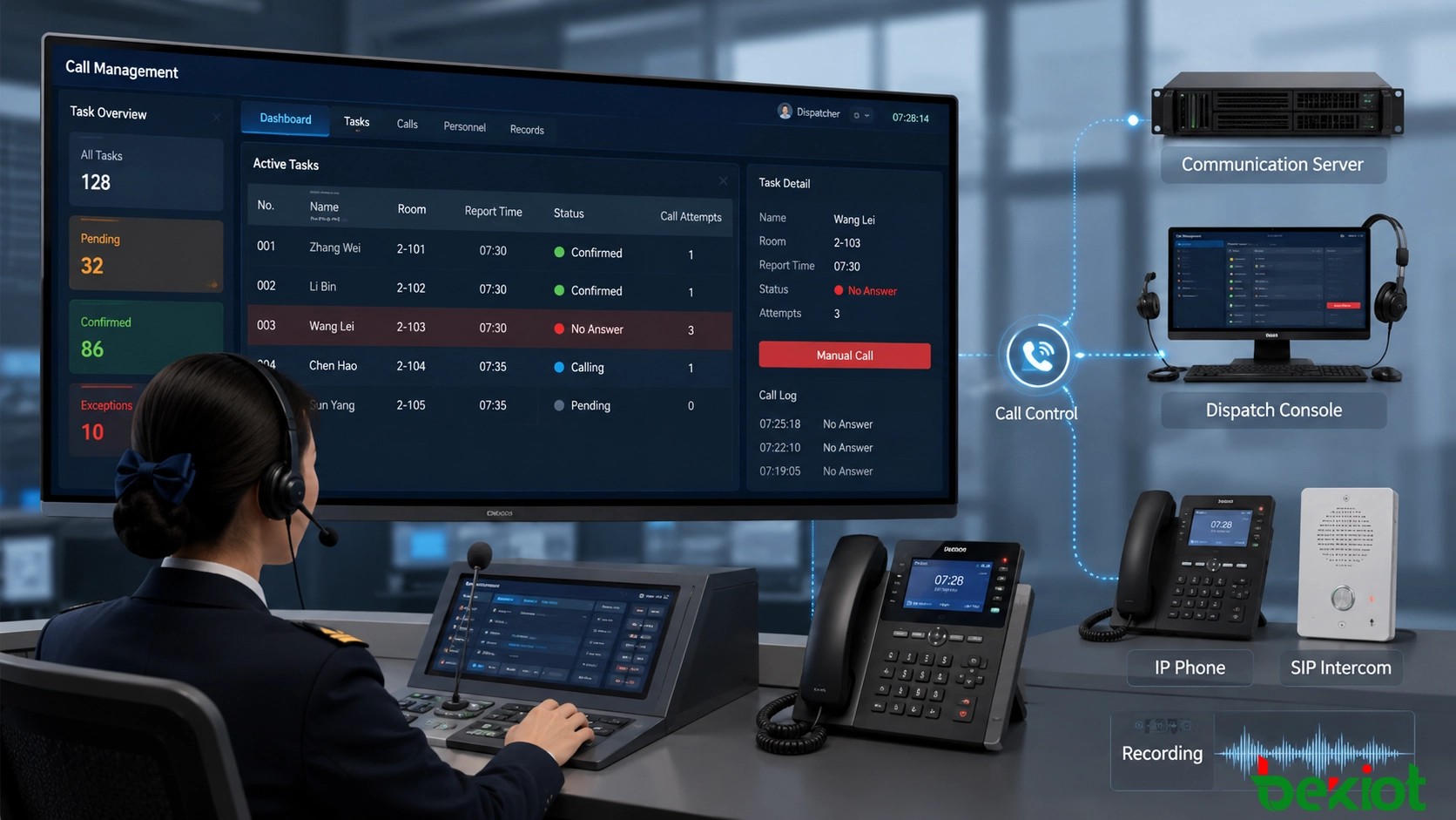 بنية تكامل نداء السكك الحديدية والإرسال مع خادم الاتصالات، وكونسول الإرسال، وهاتف IP، والاتصال الداخلي SIP، ووظائف التسجيل