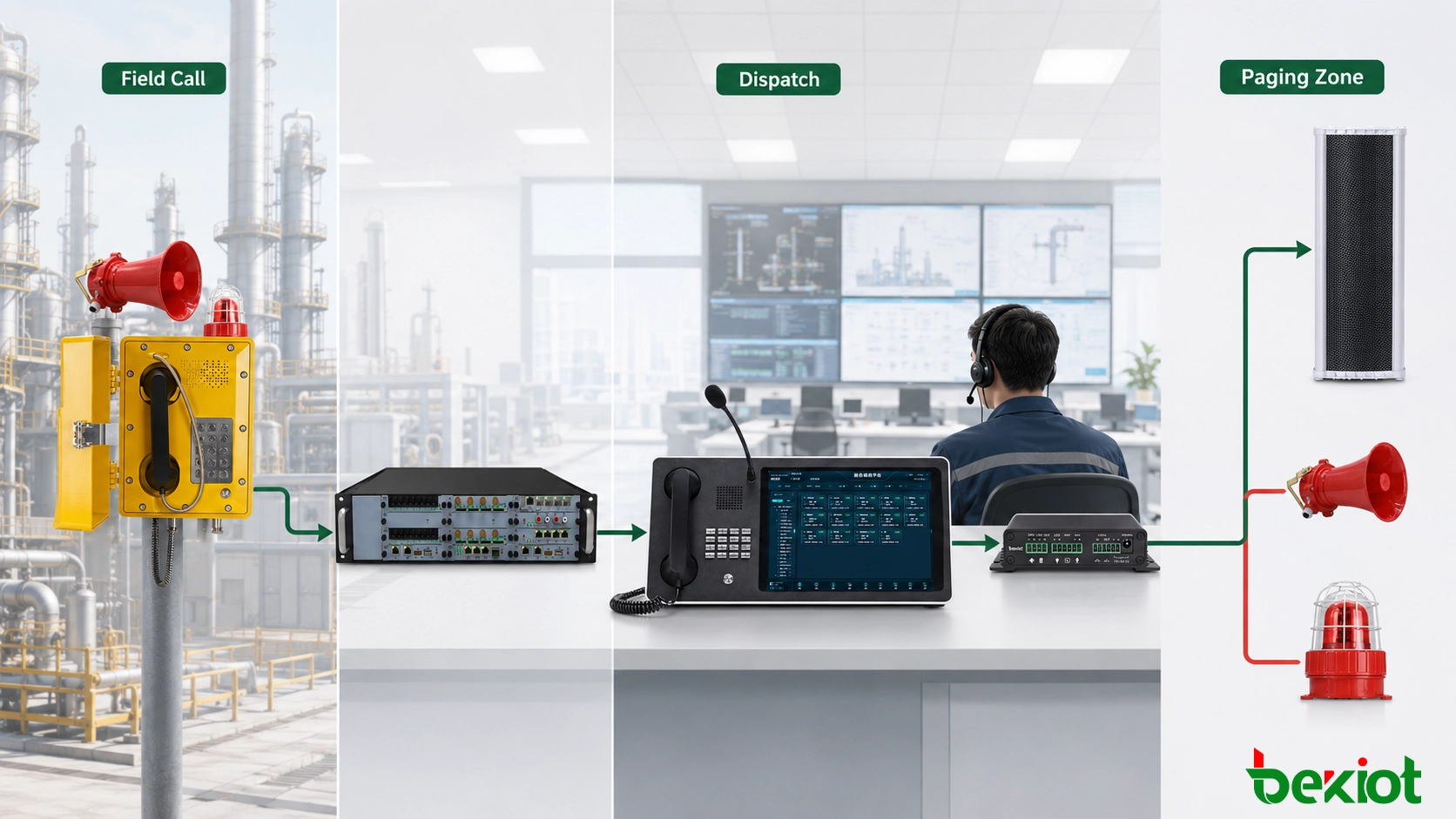 هاتف مقاوم للانفجار متصل بنظام IP PBX ووحدة تحكم مركزية وبوابة بث ومكبرات صوت صناعية