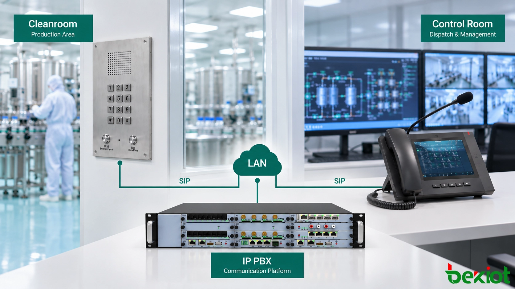 هاتف الغرفة النظيفة BT26 متصل عبر BU2000 IP PBX بهاتف الإرسال GP320i